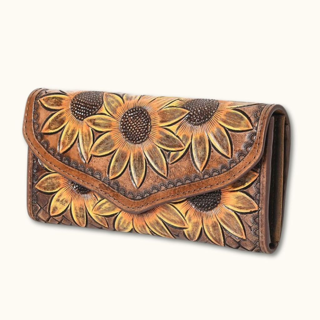 Sunflower Bliss Handcrafted Leather Wallet with detailed hand-tooled sunflower design and soft vegetable-tanned American cowhide leather.