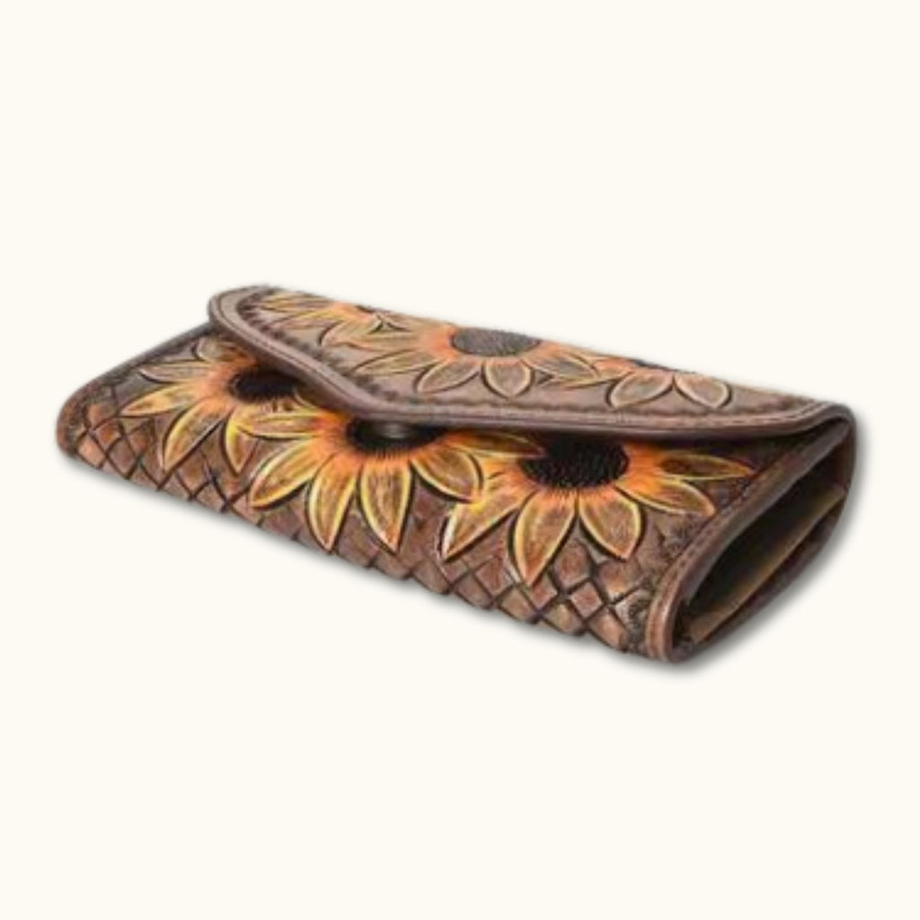 Side view of the Sunflower Bliss Handcrafted Leather Wallet showcasing the intricate sunflower detailing and elegant leather design.