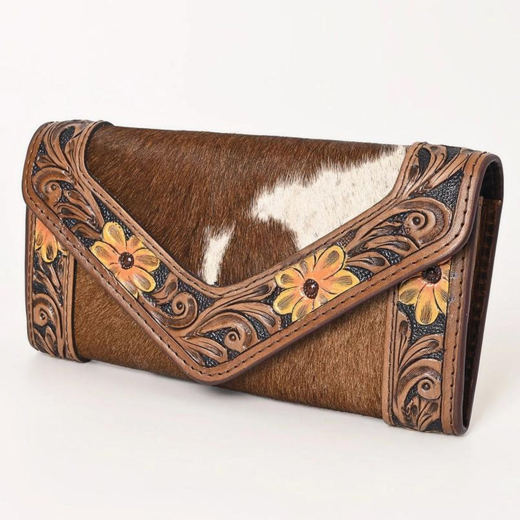 Sunflower Trail Leather Wallet, Hand-tooled Genuine Leather with Floral Western Design, Front View.