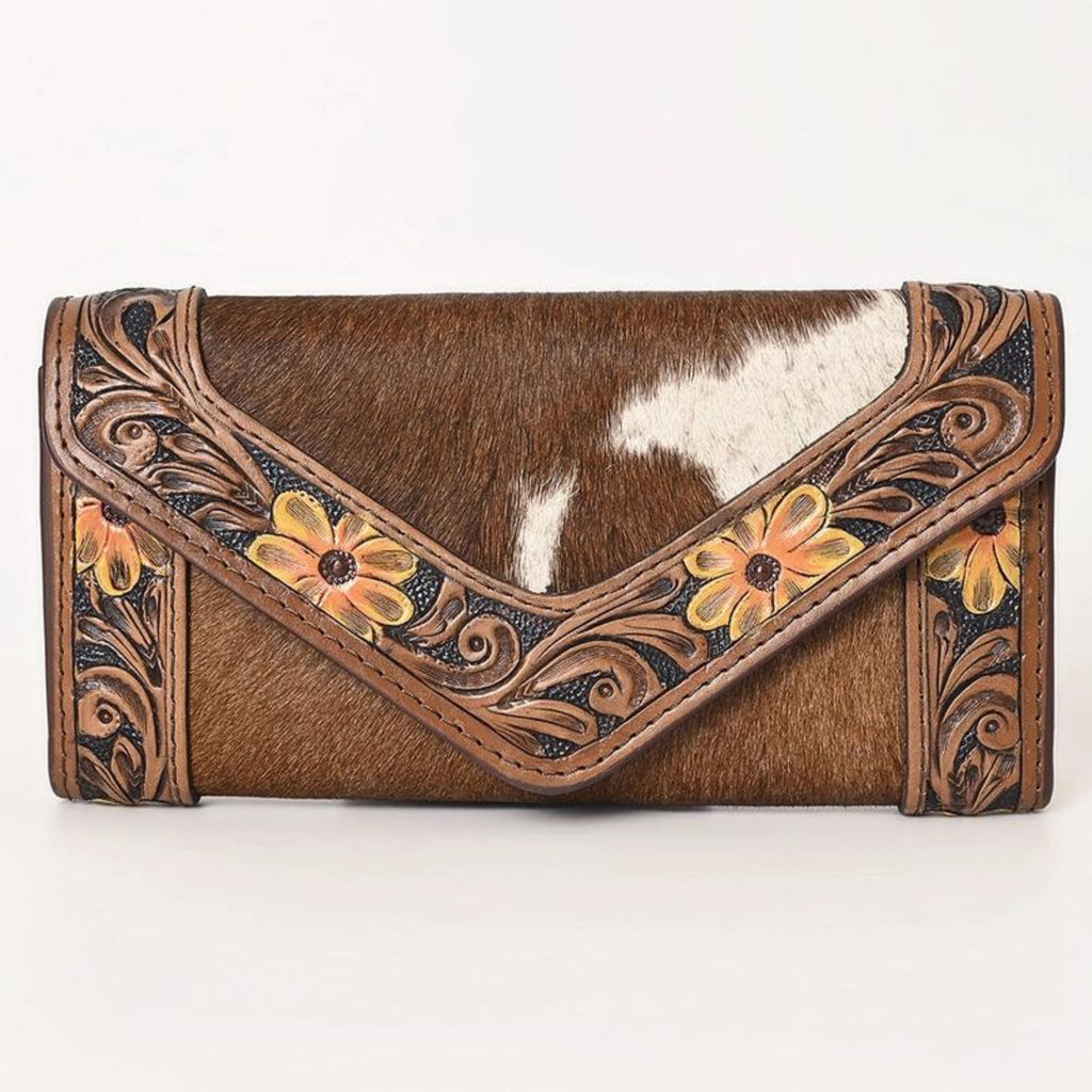  Full front view of the Sunflower Trail Leather Wallet with hand-tooled floral design and genuine cowhide detailing.