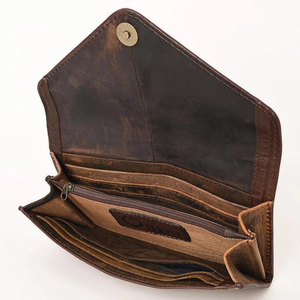 Interior view of the Sunflower Trail Leather Wallet showing spacious compartments, card slots, and secure zipper pocket crafted from genuine leather.