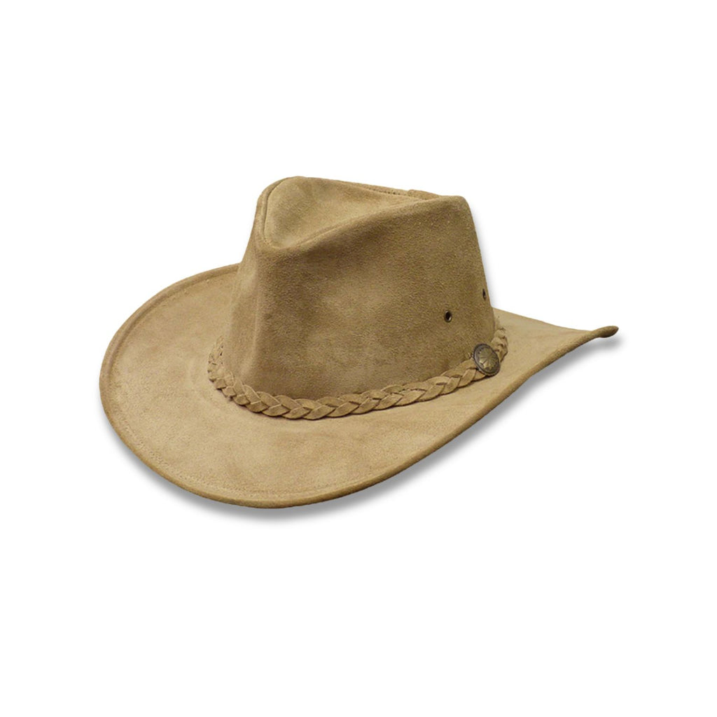 Tan Cowhide Suede Leather Western Cowboy Hat with Authentic Braided Band and Concho Detailing - Embrace Classic Western Style with This Timeless Icon