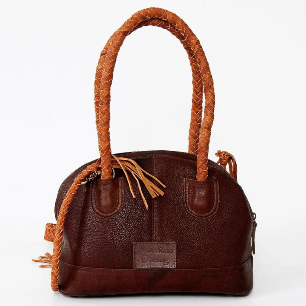 Back view of the Turquoise Trail Fringed Leather Tote, highlighting the braided handles, smooth leather finish, and durable craftsmanship in a Western-inspired design.