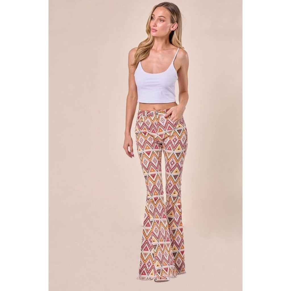 Western Aztec Print Bellbottom Flare Jeans - Channel Boho Western Vibes in Style