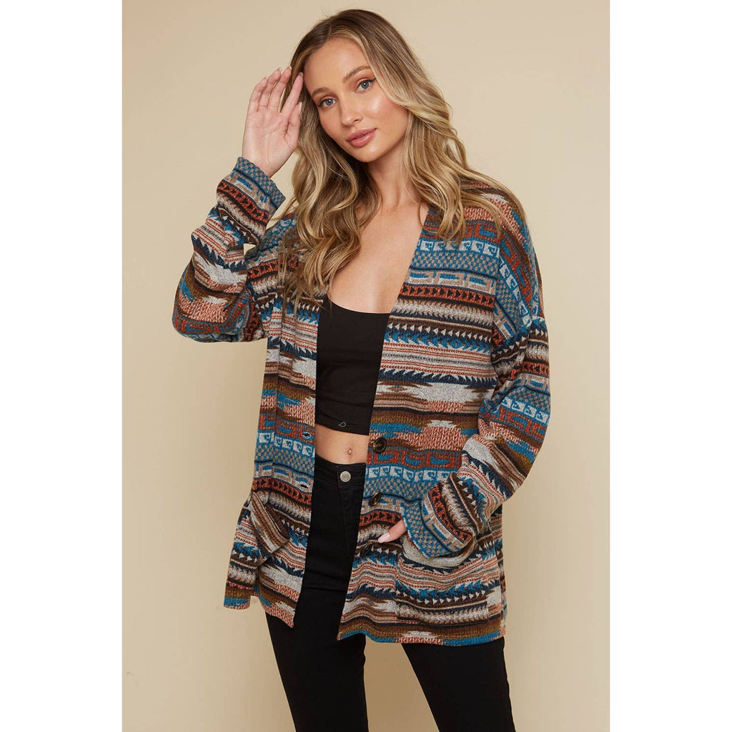 Western Boho Cardigan - Desert Sage Teal Multi Aztec Print