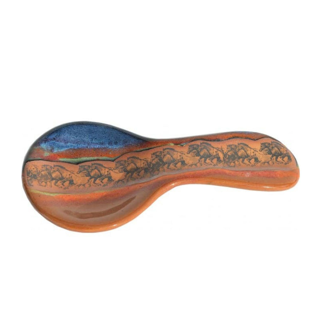 Wild Mustangs Galloping Horses Spoon Rest - Handcrafted equine-themed ceramic spoon rest for kitchen decor.