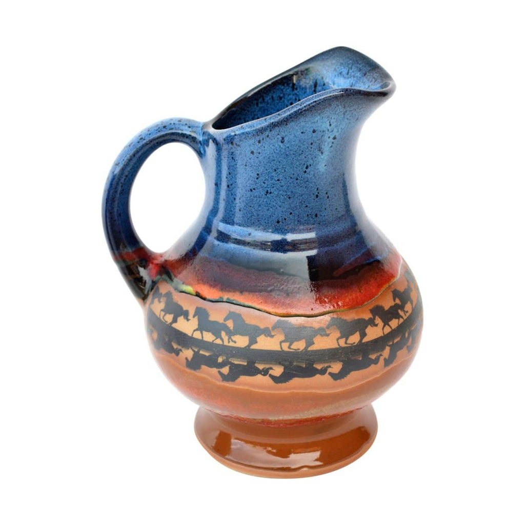 Handmade stoneware squat pitcher with horse reflections design