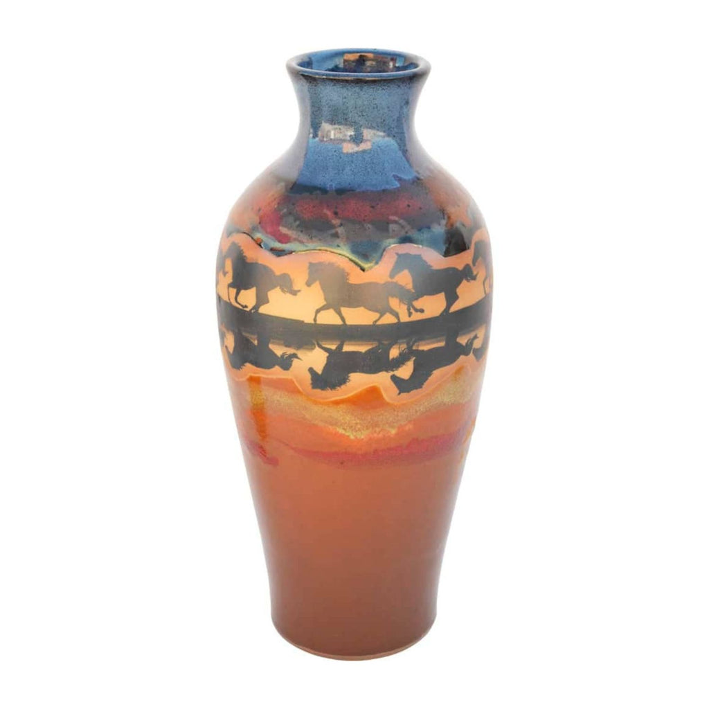 Handcrafted stoneware tall vase with horse reflections design